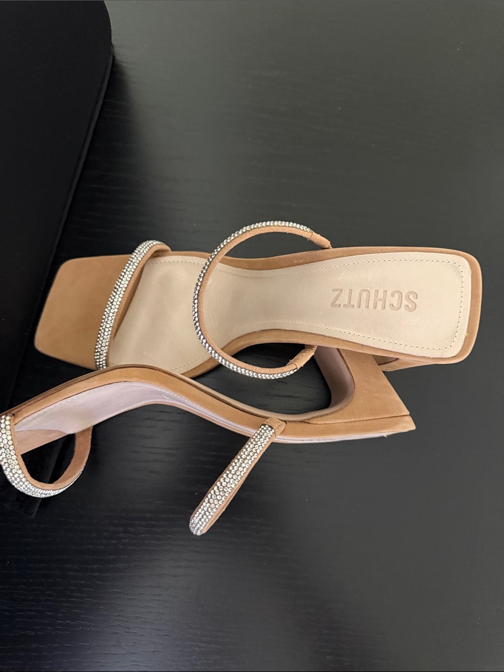 NEW SCHUTZ Tan Rhinestone Double-Strap Block Heel Mule - Picture 4 of 9